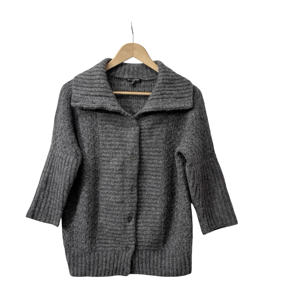 Eileen Fisher Alpaca Merino Wool Collared Button Chunky Gray Cardigan P/small